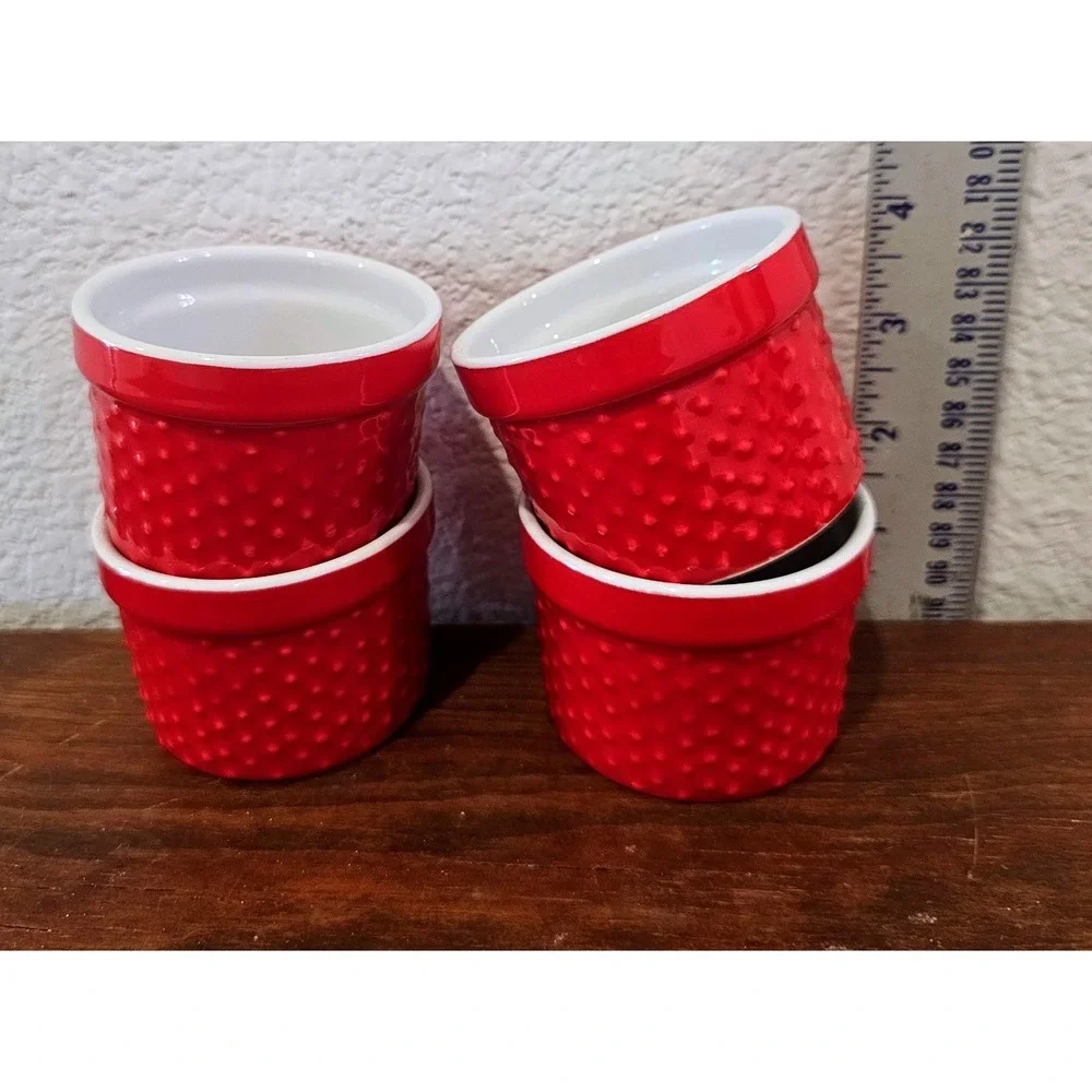 HomeEssentials Minis Set of 4 Red Ramekins Textured Ceramic Mini Baking Molds